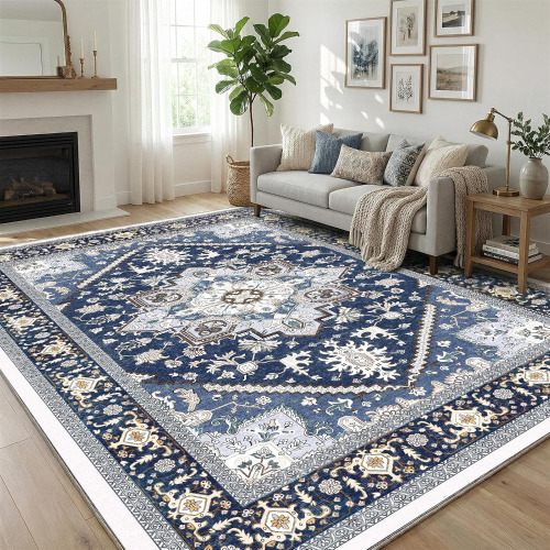 OPPODREAM Soft Area Rug 9x12 Living Room, Washable Rug with Non Slip Backing, Faux Cashmere Low-Pile Carpet, Navy Blue & Gold Similar to Picture New in Box $299
