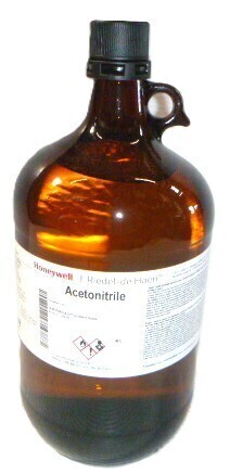 Honeywell 34851-4X4L high-purity Acetonitrile solvent used in demanding analytical chemistry applications like HPLC and LC-MS, 1 Gallon New