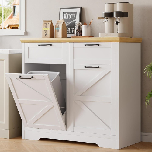 Jocoevol 20 Gallon Tilt Out Trash Cabinet: Push-Open Recycling Station with Drawer & Laundry Sorter - Free Standing Garbage Can Cabinet for Kitchen, Living Room - White (No Trash Cans) New Shelf Pull $299