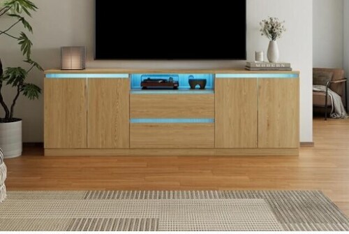 Jiaoun LED TV Stand for TVs up to 100", Minimalist TV Console with APP Control, Entertainment Center with Drawers and Storage, Long TV Stand for Living Room/Bedroom/Large Space Oak $399