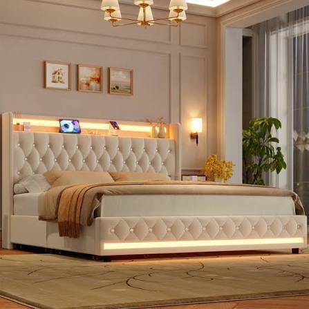 Willa Arlo Interiors Glastonbury Velvet Upholstered Wingback Storage Bed with LED Lights NEw in Box $699