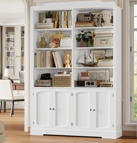 Latitude Run Arie 73.1"H Standard Bookcase With Adjustable Shelves, Wood Storage Freestanding Bookshelves With 8 Open Shelves and 4 Doors in White New Shelf Pull $599