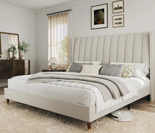 Latitude Run Beauviore Queen Size Upholstered Platform Bed Frame Wingback Bed New Shelf Pull $699