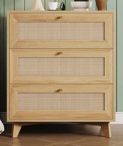 Bay Isle Home Rattan Nightstand with 3 Drawers & USB Charging Port Modern Bedroom Night Stand (Natural) New in box $299