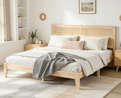 Bay Isle Home Queen Size Solid Wooden Bed with Rattan Headboard New in Box $599