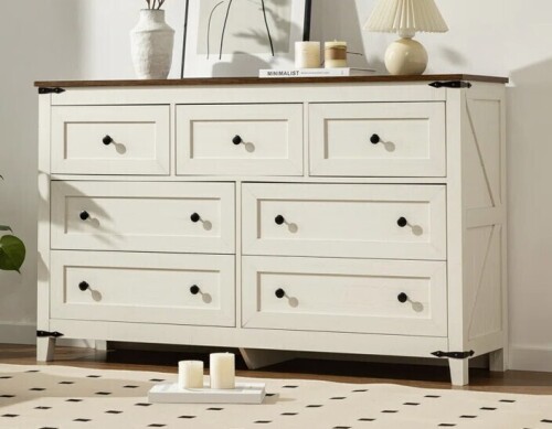 Gracie Oaks 51 " Wood Dresser For Bedroom With 7 Drawers, Farmhouse Chest Of Drawers New In Box $599