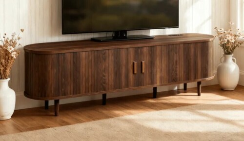 Easoger 70" TV Stand with Curved Profile Sliding Doors, Entertainment Center Fits TVs Up to 75'', Faux Marble Top, Spacious Console Table with Adjustable Shelves for Living Room, Bedroom, Brown New Open Box $499