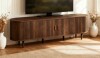 Easoger 70" TV Stand with Curved Profile Sliding Doors, Entertainment Center Fits TVs Up to 75'', Faux Marble Top, Spacious Console Table with Adjustable Shelves for Living Room, Bedroom, Brown New Open Box $499