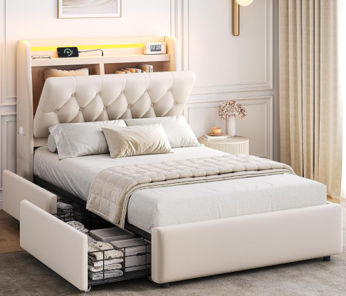 Jocoevol Twin LED Velvet Bed Frame with 2 Storage Drawers & Hidden Headboard, Upholstered Platform Bed with Charging Station & Button Tufted Design, Wooden Slats Support, Box Spring Optional, Easy Assembly, Beige New In Box $399