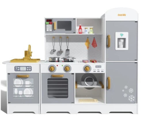CoziBB Wooden Pretend Play Kitchen Set with Lights & Sounds, 21 Accessories, Grey, 46.46"x9.84"x37.8", Model CZ-PK01, New In Box $299