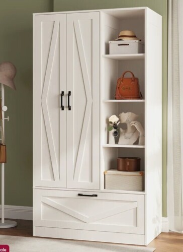 Winston Porter Wooden Wardrobe With 4 Open Storage Shelves, 70.87" Utility Storage Cabinet Armoire New in Box $599