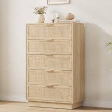 Garvee Wooden 5 Drawer Rattan Dresser with Integrated Cabinet Body and Legs Design for Home Office Natural New in Box $499