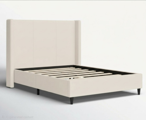 Ophelia & Co. Ana Upholstered Wingback Platform Bed, Ivory Canvas, Queen Size, New in Box $799