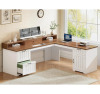 Inbox Zero 63" L Shaped Desk With Drawers, Farmhouse Corner Computer Desk, Brown/White, New in Box $399