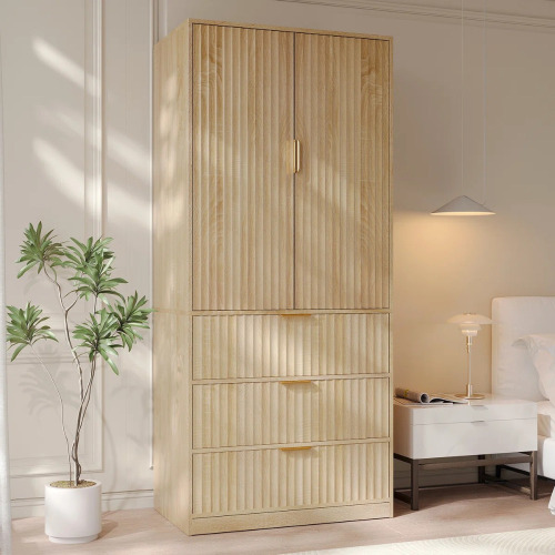 Ebern Designs 70.9'' H X 29.9'' W Freestanding Wooden Wardrobe Armoire With Mirror And 3 Drawers, Oak, New in Box $399