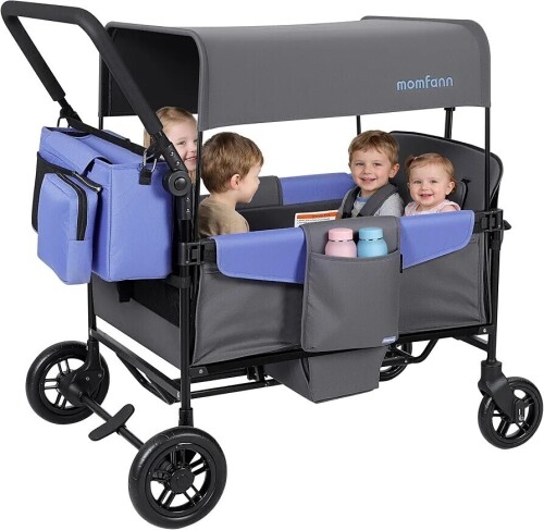 MOMFANN Wagon Stroller for 4 Kids, All-Terrain 4-Seater Folding Wagon with 5-Point Harness, Adjustable Push-Pull Handle, Removable Canopy, Oversized Storage Organizer, Compact Fold - Grey, New in Box $399