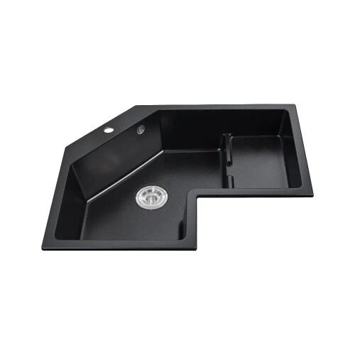 Homary 32" Modern Black Drop In Corner Kitchen Sink Single Bowl Irregular Right Quartz Corrosion Heat Resistant Sound Proof Drain Assembly Pipe Overflow Included (WF-42296733495), New in Box $699