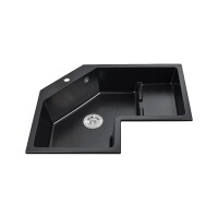 Homary 32" Modern Black Drop In Corner Kitchen Sink Single Bowl Irregular Right Quartz Corrosion Heat Resistant Sound Proof Drain Assembly Pipe Overflow Included (WF-42296733495), New in Box $699