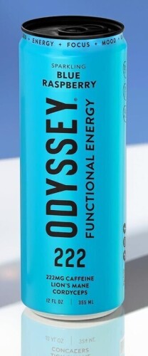 Odyssey Functional Energy Drink, Blue Raspberry, 222mg Green Tea Caffeine, Clean Energy & Focus, Low Calorie, No Added Sugar, No Crash, Lion's Mane & Cordyceps, 12 Fl Oz New Best by 2/2027