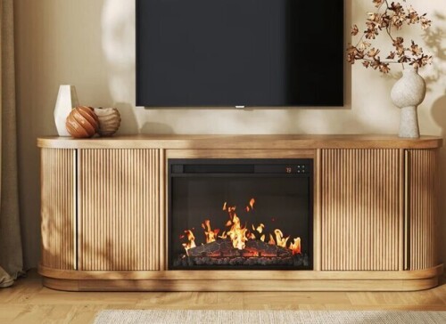 House of HAmptons 67" TV Stand with Electric Fireplace for TV up to 75", Camel New in Box $699