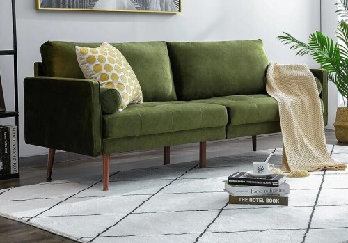 Vonanda Velvet Sofa Couch, Mid Century Modern Craftsmanship 73 inch 3-Seater Sofa with Comfy Tufted Back Cushions and 2 Bolster Pillows for Compact Living Room, Mustard Green New $499