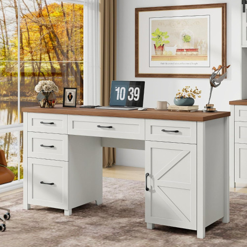 Halitaa Farmhouse 61'' Executive Desk with 5 Drawers, Rustic Office Desk Computer Desk with File Drawers and Storage Cabinet, Wood Workstation for Home Office and Study, Unique White $399