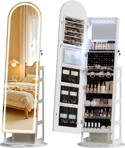 LVSOMT LED Arched Mirror Jewelry Cabinet Standing, Lockable Jewelry Armoire, Full-Length Mirror with Storage, Space-Saving Jewelry Organizer Mirror, Foldable Makeup Shelf, Gift for Women (LED White) New In Box $399