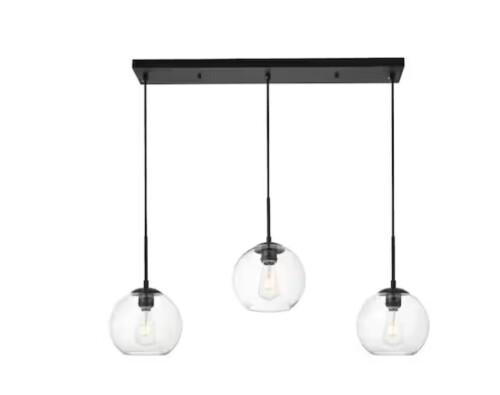 Timeless Home 36 in. 3-Light Black And Clear Pendant Light, Bulbs Not Included New In Box $299