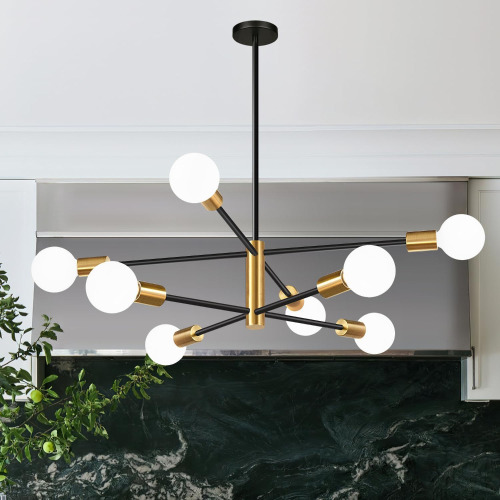 MQMQA 11"-52" Height Adjustable Sputnik Chandelier Dining Room Light Fixture (8-Light, 30-Inch), Modern Brushed Gold and Black Chandelier, Mid Century Modern Chandelier for Dining Room Living Room Kitchen Similar to Picture New Shelf Pull $299