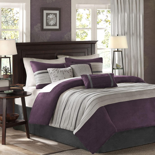 Madison Park Palmer Comforter Set - Faux Suede Design, Striped Accent, All Season Down Alternative Bedding, Matching Shams, Decorative Pillow, Bed Skirt, Full, Purple 7 Piece New In Box $199