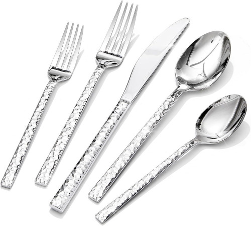KINGSTONE 60 Piece Hammered Silverware Set, 18/10 Stainless Steel Flatware Set for 12, Cutlery Set for Home, Party, Wedding, Mirror Polished Dishware Safe New In Box $199