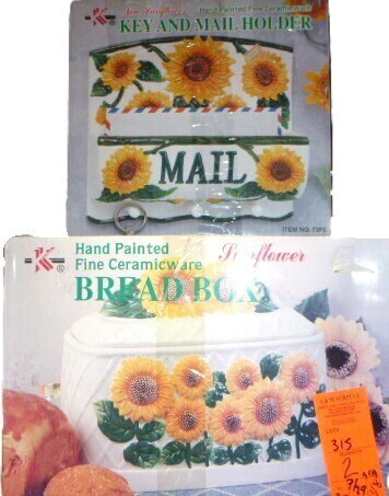 Hand Painted Sunflower Ceramic Bread Box / Hand Painted Sunflower Ceramic Key and Mail Holder New In Box Assorted