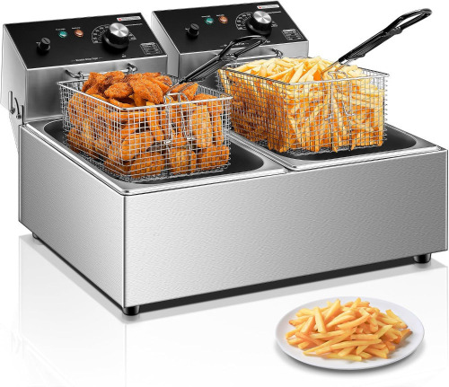 FOHERE Commercial Deep Fryer with Basket, 3400W 20.7Qt Dual Tank Deep Fryer with Temperature Control, Large Capacity Stainless Steel Electric Countertop Fryer for Restaurant or Home Use $299