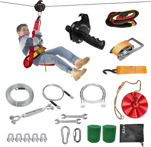 SZHTMZXC 110 FT. Zipline Kit for Kids and Adults Backyard with Spring Brake | Zipline Brake System, Zip Line Adjustable Seat, Easy Installation, Outdoor Adventure Equipment, 350Lbs, CPSC Approval Similar to Picture New In Box $299