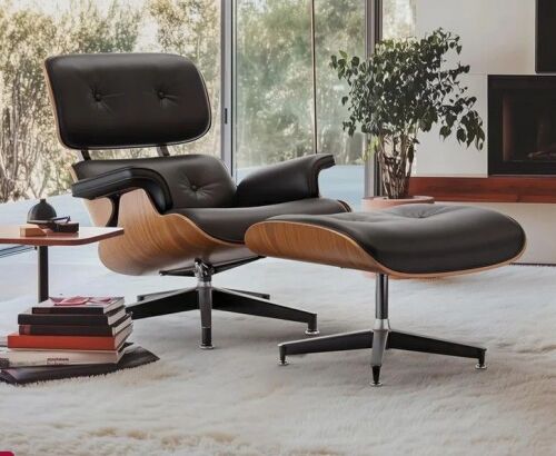 Highland Dunes Top Grain Leather, Mid Century Chaise Lounge Chair And Ottoman, Modern Chair Classic Design, Heavy Duty Base Support For Living Room Study Lounge Office, Walnut, Heightening (2 Boxes) New In Box $999