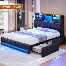 Wrought Studio Full Bed Frame with 2 Storage Drawers, Modern Platform Bed with Charging Station & LED Light, No Spring Box Needed New in Box $1099