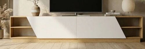Wade Logan Arelene 94'' W Low-Profile TV Stand with Geometric Doors and Open Shelves, White and Oak Finish New in Box $499