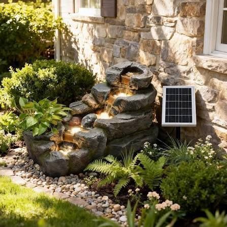Millwood Pines 5-tier Solar Water Fountain Outdoor, 38.2" L Rock Waterfall Hanaleigh Solar Powered Floor Standing Outdoor Water Feature With Led Lights For Patio, Garden,porch, Yard, Home Art Decor New in Box $699