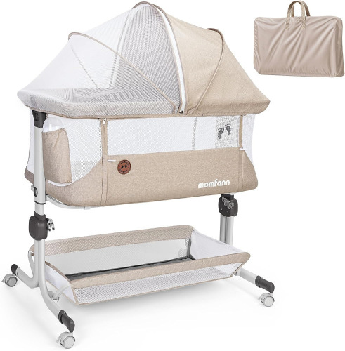 MOMFANN Baby Bassinet Bedside Sleeper, Upgraded Stability Bedside Crib with Full Mesh Sides, Soft Sheet, 6-Height Adjustment, Storage Basket, Easy Folding Portable Bassinet for Newborns, Oatmeal New In Box $299