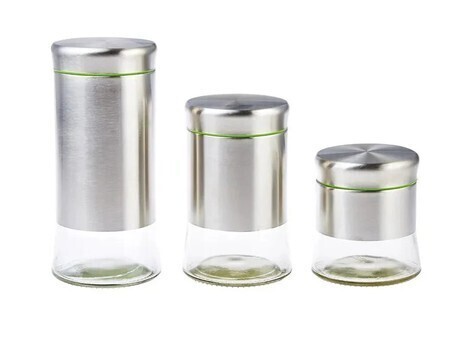Momentum Brands 3 Piece Stainless Steel Glass Canister Set/ Hand Painted Ceramic Mushroom 4 Hook Wall Hanger New In Box Assorted