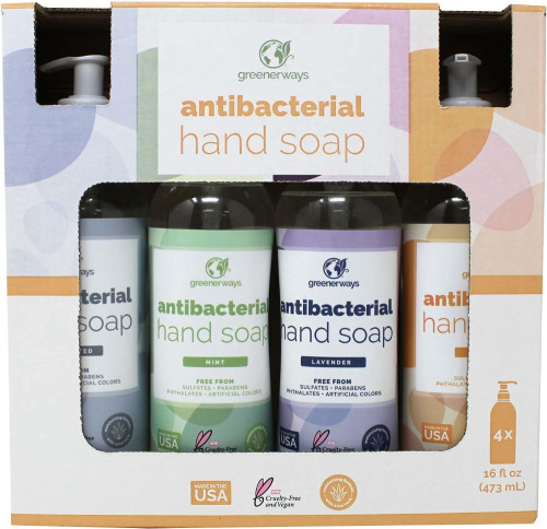 Greenerways Antibacterial Hand Soap | Made in USA | Citrus, Lavender, Mint & Unscented 4Pack | Sulfate-Free, Paraben-Free, Cruelty-Free, Vegan Hand Wash | 16 Fl Oz / Asepso Professional Antiseptic Wipes, 192 Count / Assorted New Assorted