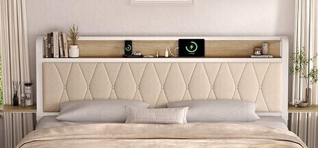 ONBRILL Full Size Headboard with Storage Shelf, Ergonomic Upholstered Headboard with Charging Station, White Similar to Picture New In Box $299