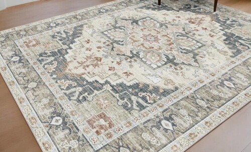 Charlton Home Washable Area Rug Boho Floral Living Room Vintage Low Pile Indoor Carpet, 8' x 10' New In Box $299