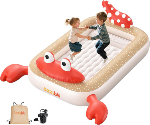 CoziBB Inflatable Toddler Travel Bed, Portable Travel Bed with Flocked Mattress, Built-in Pillow & Carry Bag, 4 Side Safety Bumpers for Toddlers-Hermit Crab New In Box $99