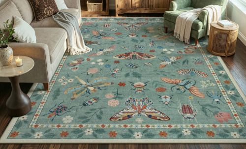 Charlton Home&reg; Goldene Animal and Insect Washable Floor Mat - Non-Slip Area Rug Non Slip Green Area Rug Low Pile Stain Resistant Throw Carpet for Dining Room, 9' x 12' $299
