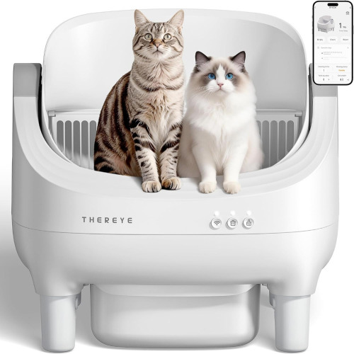 Thereye Self Cleaning Cat Litter Box, Open-Top Automatic Litter Box with APP Control, Safety Sensor and 10L Large Waste Bin, Smart Kitty Litter Boxes with Trash Bags and Mat for Multiple Cats $299