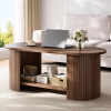 OneBlis Oval Fluted Coffee Table, 2-Tier Center Table with Large Storage, Mid-Century Modern Wood Coffees Table for Living Room, Home Office, Small Space, Walnut New In Box $299