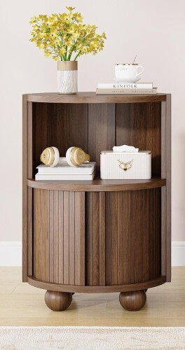 Decofy Modern Round Nightstand with Sliding Doors and 2 Storage Shelves, Modern Bedside End Table, Suitable for Bedroom (Walnut) $299