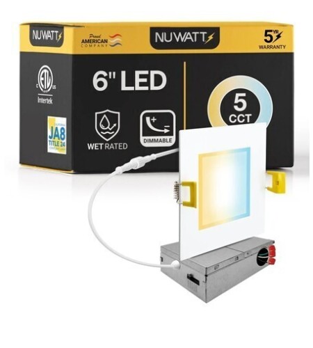 NUWATT 6" Inch Square Canless Recessed Lighting Slim LED Wafer Lights - Wet Rated - Dimmable - 5CCT 2700K-5000K - 1050LM New in Box $79