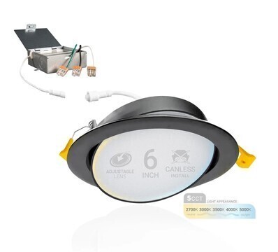 NUWATT 6" Inch Black Gimbal Recessed Light for Sloped Ceiling Canless LED Lighting - Damp Rated - 5CCT 2700K-5000K - 1050LM New In Box $79